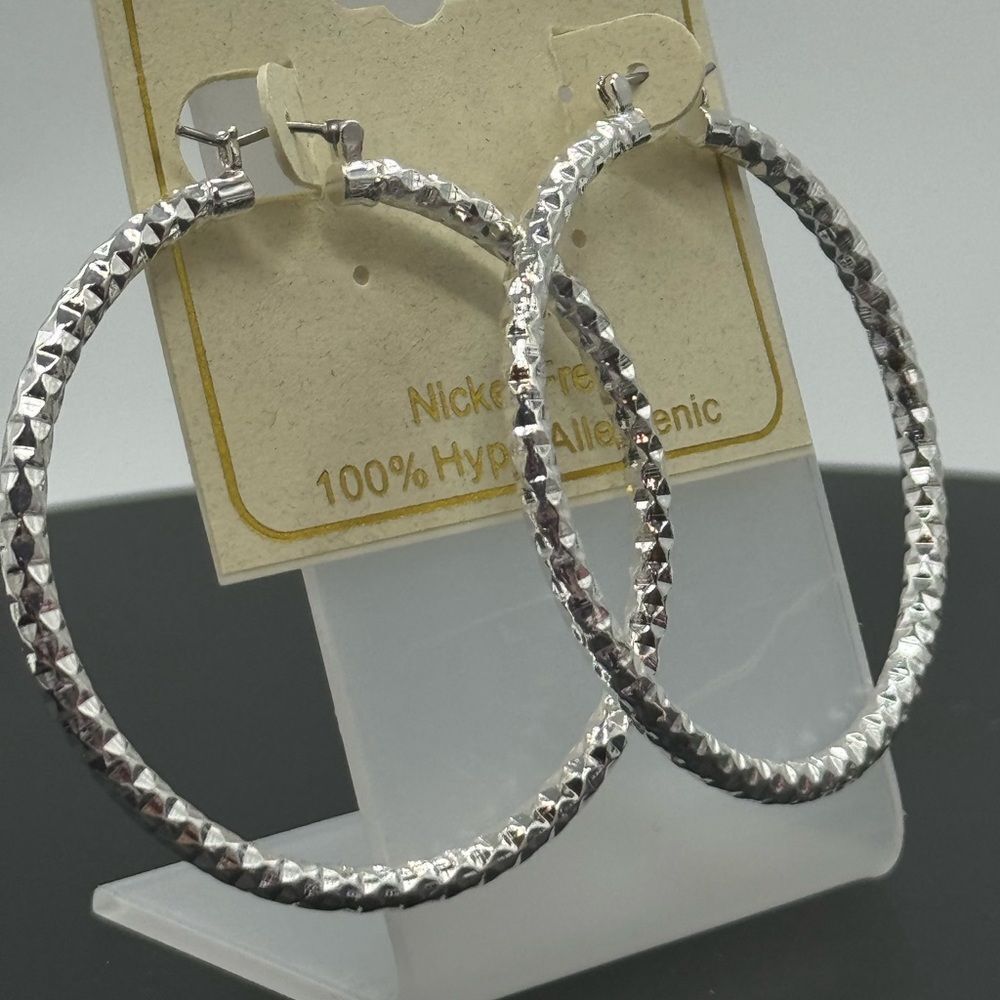 Ear Sense 2 Inch Silver Tone Textured Hoop Earrings